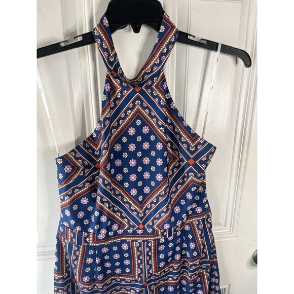 Lulus Blanca Womens Romper Size Large Blue Halter Shorts Flower Print Colorful - Picture 3 of 11
